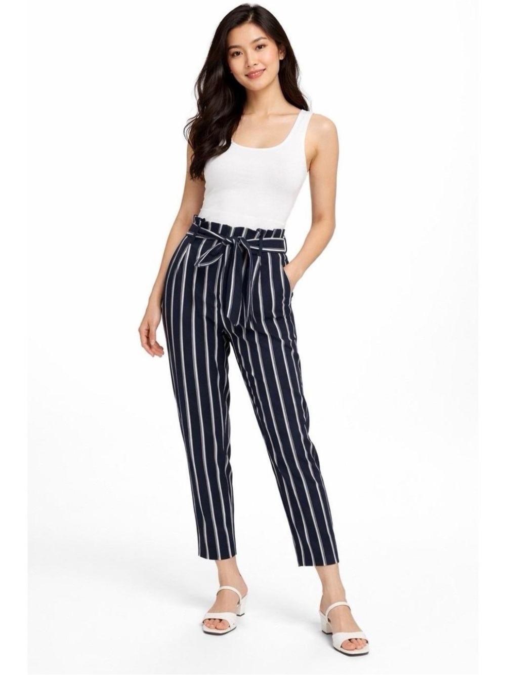 H&M Paperbag Waist Striped Tapered Pants Navy White High Rise Belted